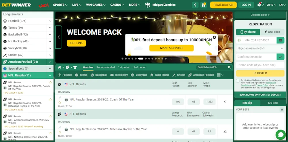 BetWinner American Football NFL Betting Screenshot